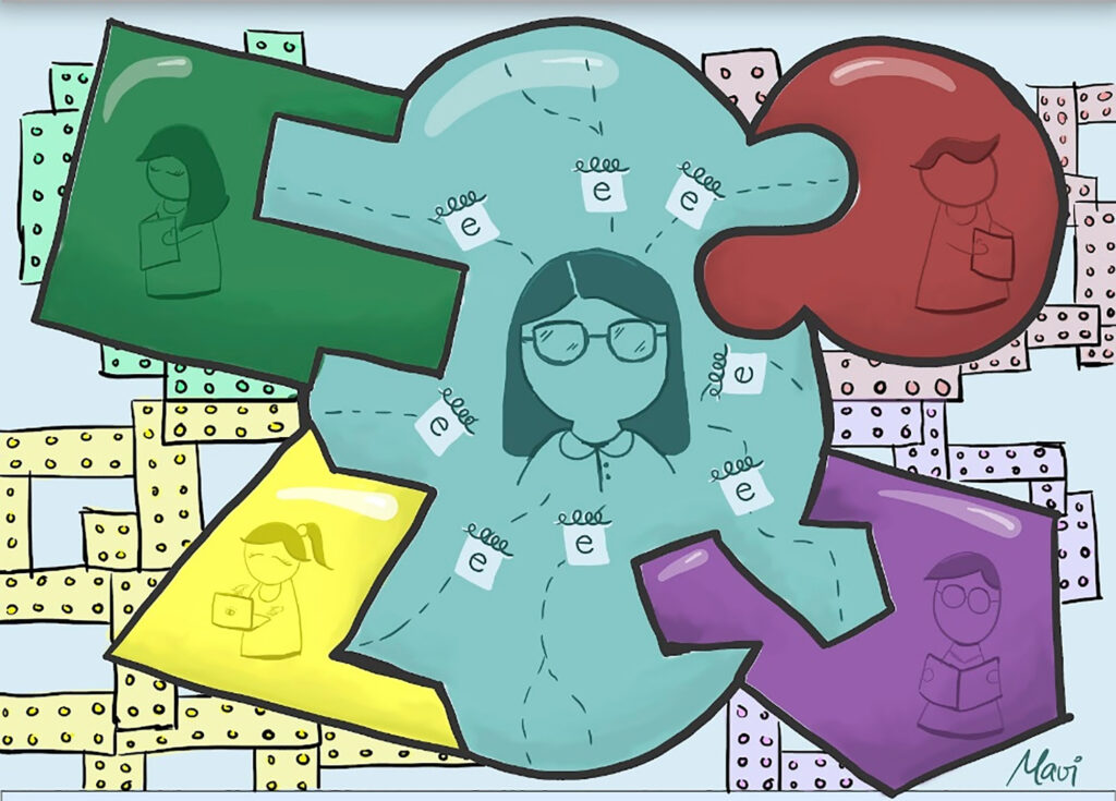A puzzle-style composite image where various coloured shapes form an overall student image in the middle.